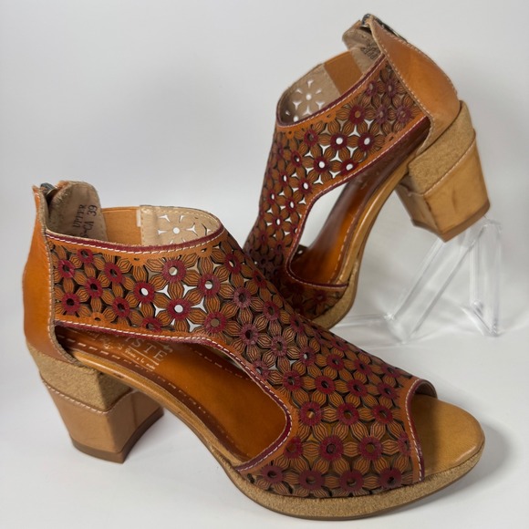 Spring Step L'Artiste Hibiskus Leather Floral Cutout Heel Sandals EU 39 US 8.5 - Picture 1 of 15